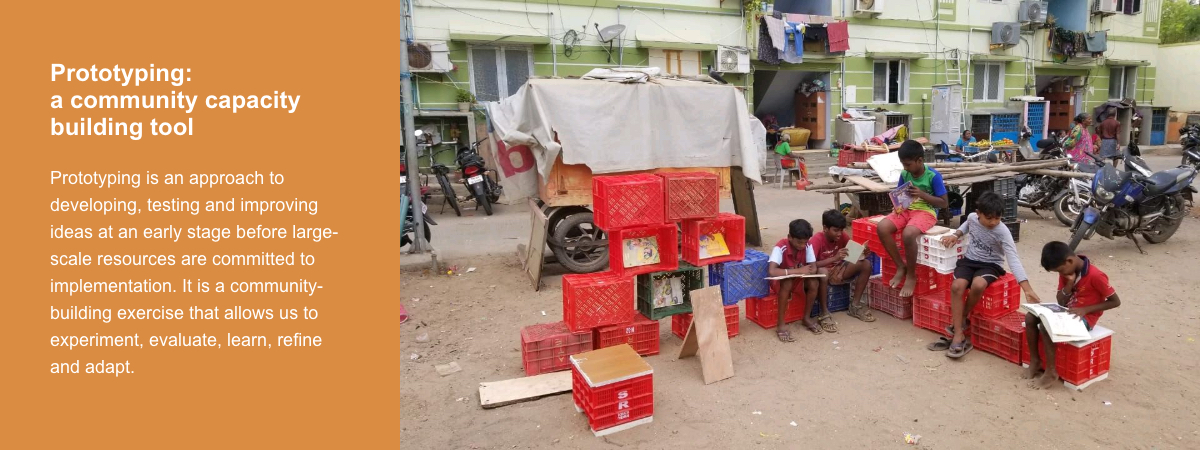 Slide 1 explains a community capacity building tool called 'Prototyping'. The image displays an example of prototyping where kids transformed plastic crates into furniture for seating to create a space for reading.